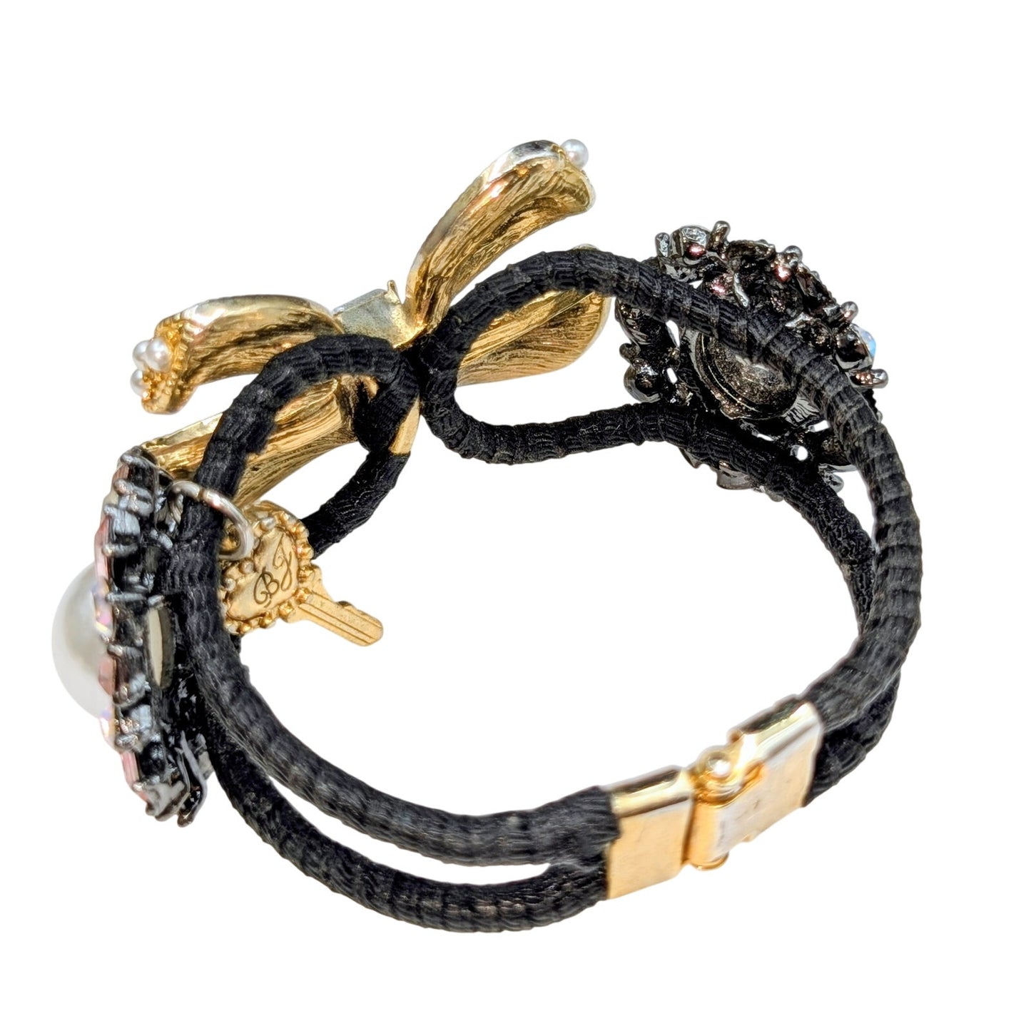Betsey Johnson Faux Pearl Rhinestone Embellished Bow Hinged Cuff Bracelet