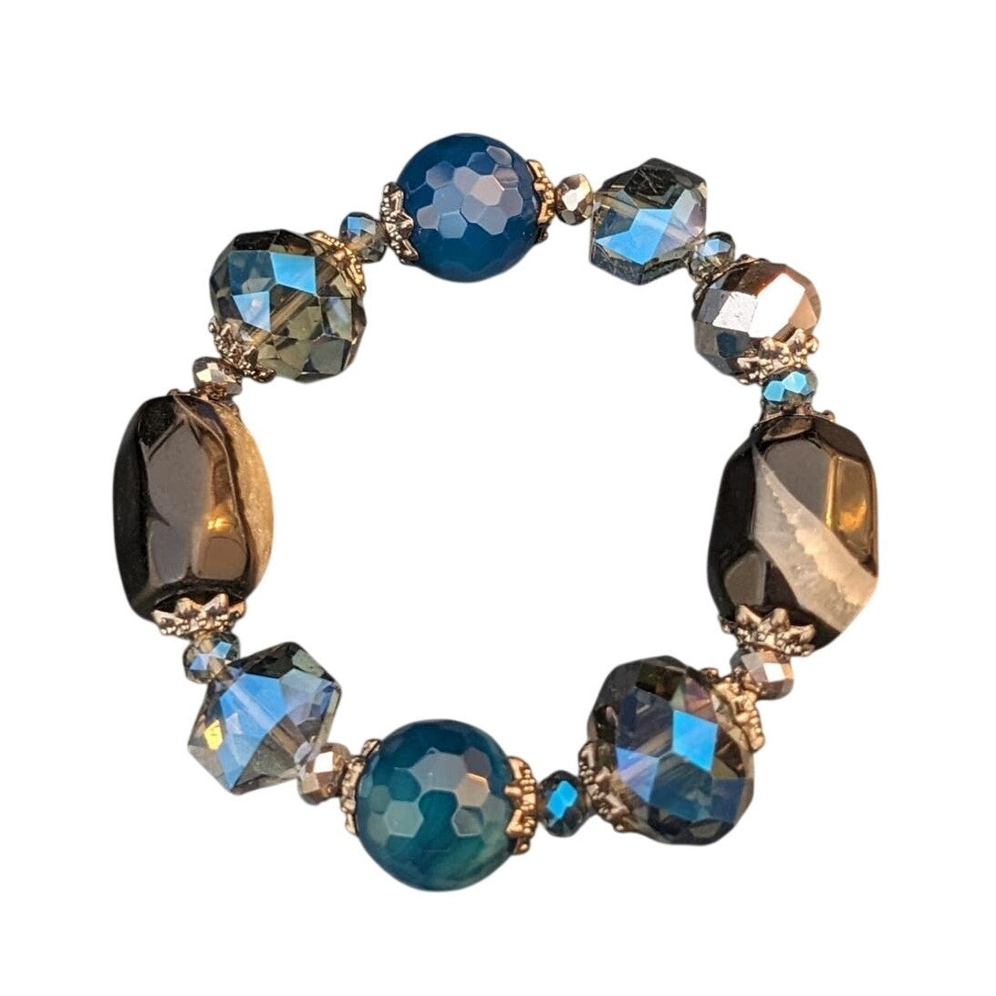 Blue Agate Faceted, Smoky Crystal and Oblong Stone Beaded Stretch Bracelet