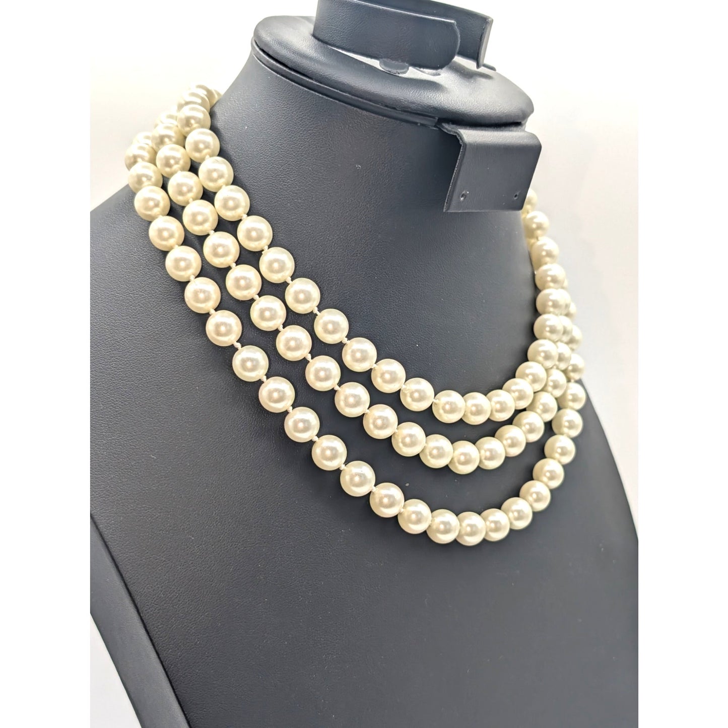 Vintage Triple Strand Knotted Approximately 10mm Faux Pearl 17" Necklace