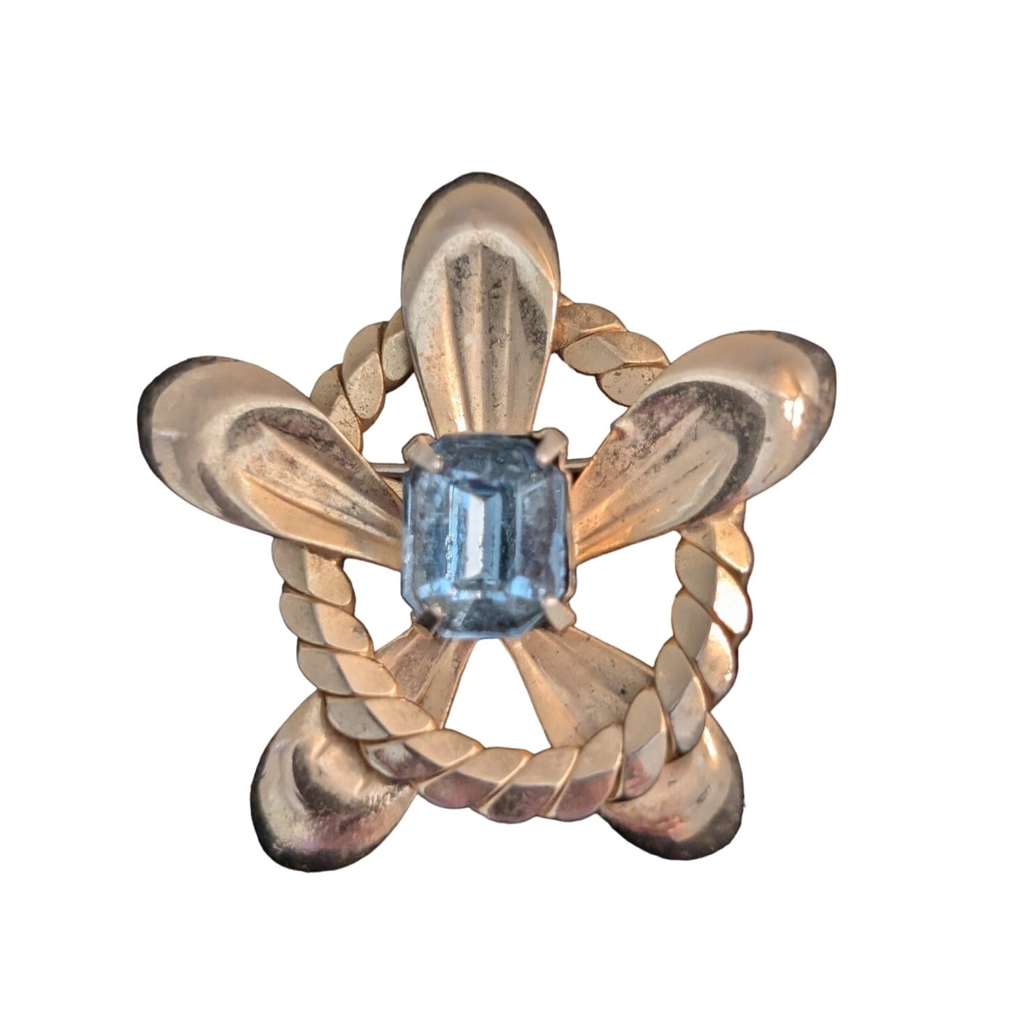 Vintage Gold Tone Emerald Cut Light Blue Stone Rope Flower Brooch