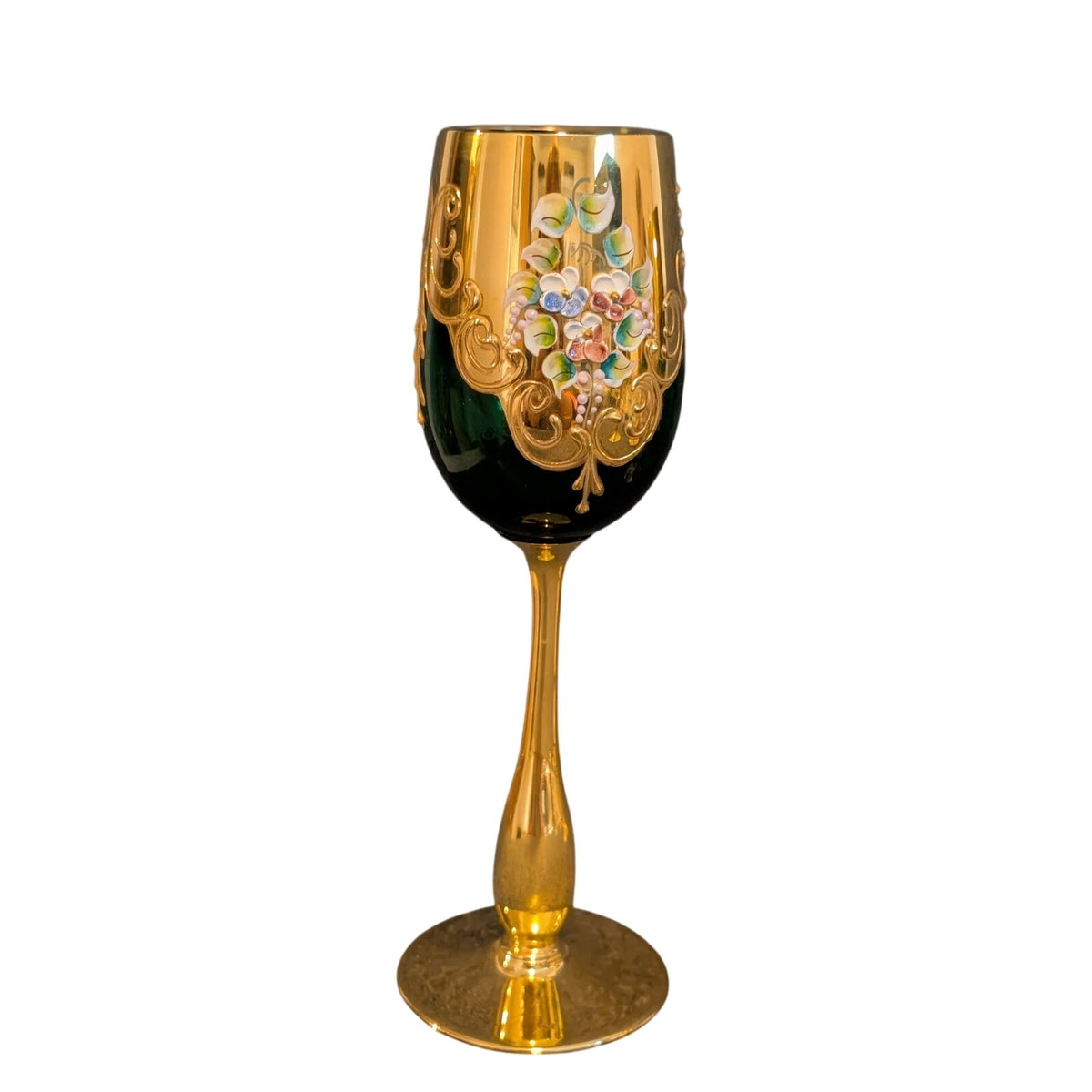 Vintage 50s Green Stem Wine Goblet Tre Fuochi Murano Italy Venetian Heavy Gilt