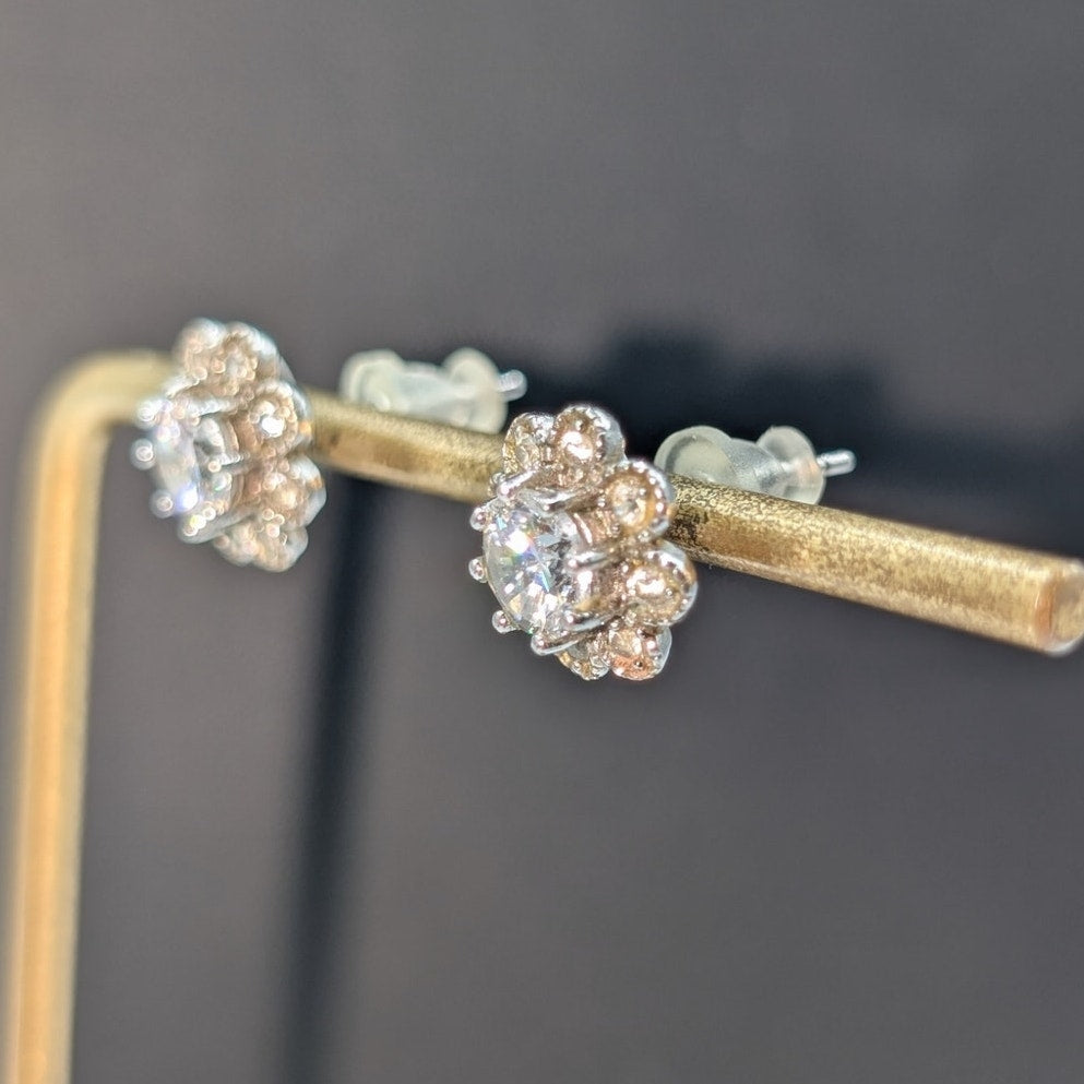 Vintage 925 Sterling Silver CZ Flower Stud Earrings