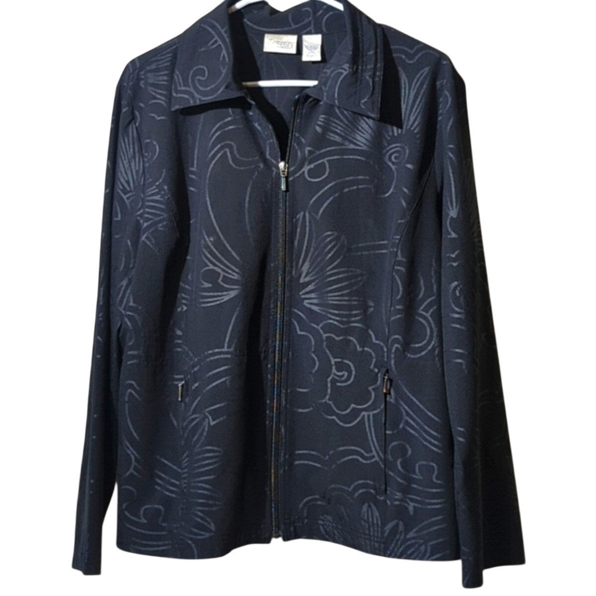 Zenergy by Chico Lightweight Black Floral Print Zip Up Pocket Jacket Sz 2 (L 12)