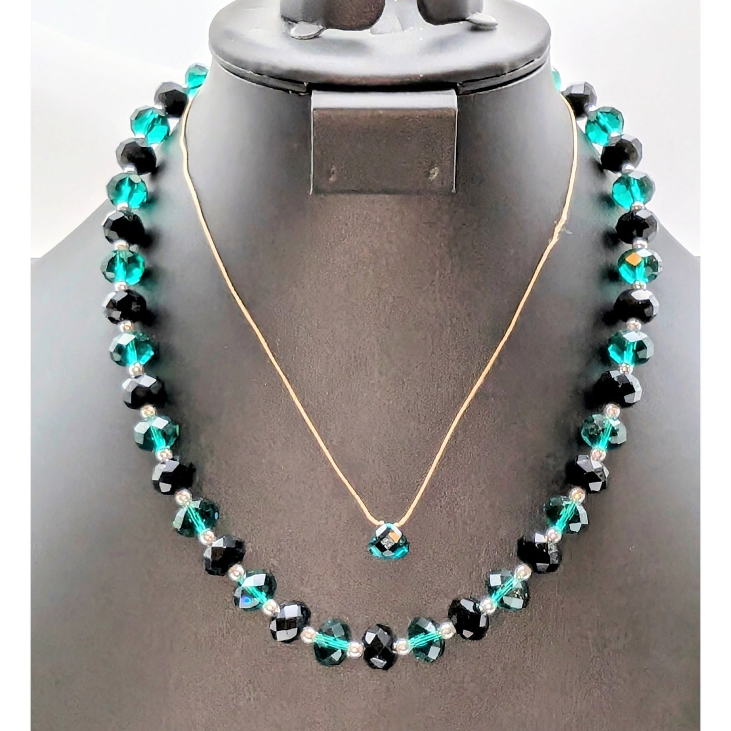 Lot of Two Glass Crystal Necklaces -- Black & Green Glass Crystal