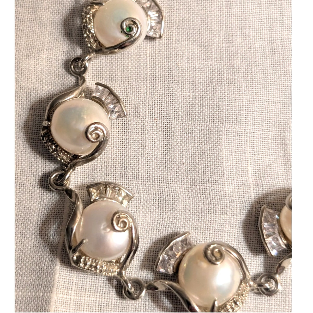 Marked 18K GP Silver Tone Faux Mabe Pearl CZ Hook Clasp 7.5"-8.5" Bracelet