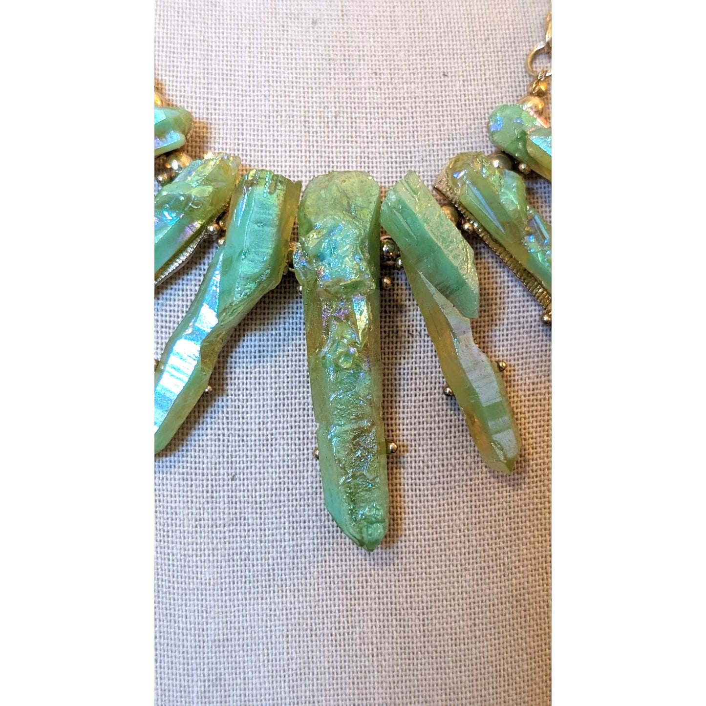 Green Sparkle Resin Crystal Prism Points Gold Tone Statement 19-22" Necklace