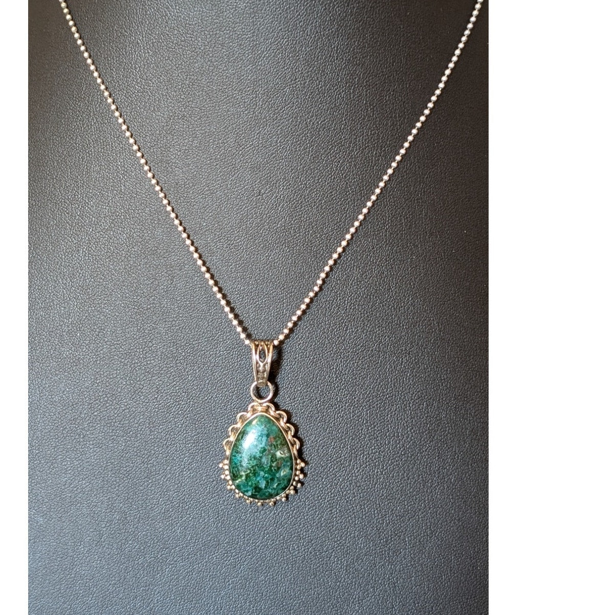 Vintage Chrysocolla 925 Sterling Silver Pendant on Bead Ball Chain Marked 925