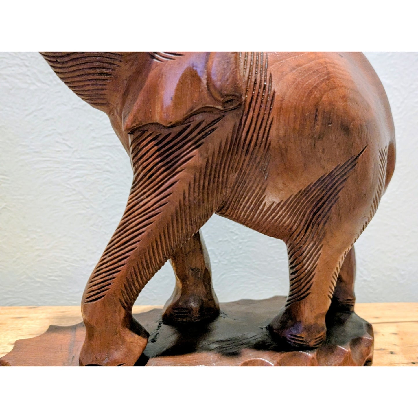 VTG Mid 20th Century Hand Carved Trunk Up Tusked Wooden Elephant Sculpture