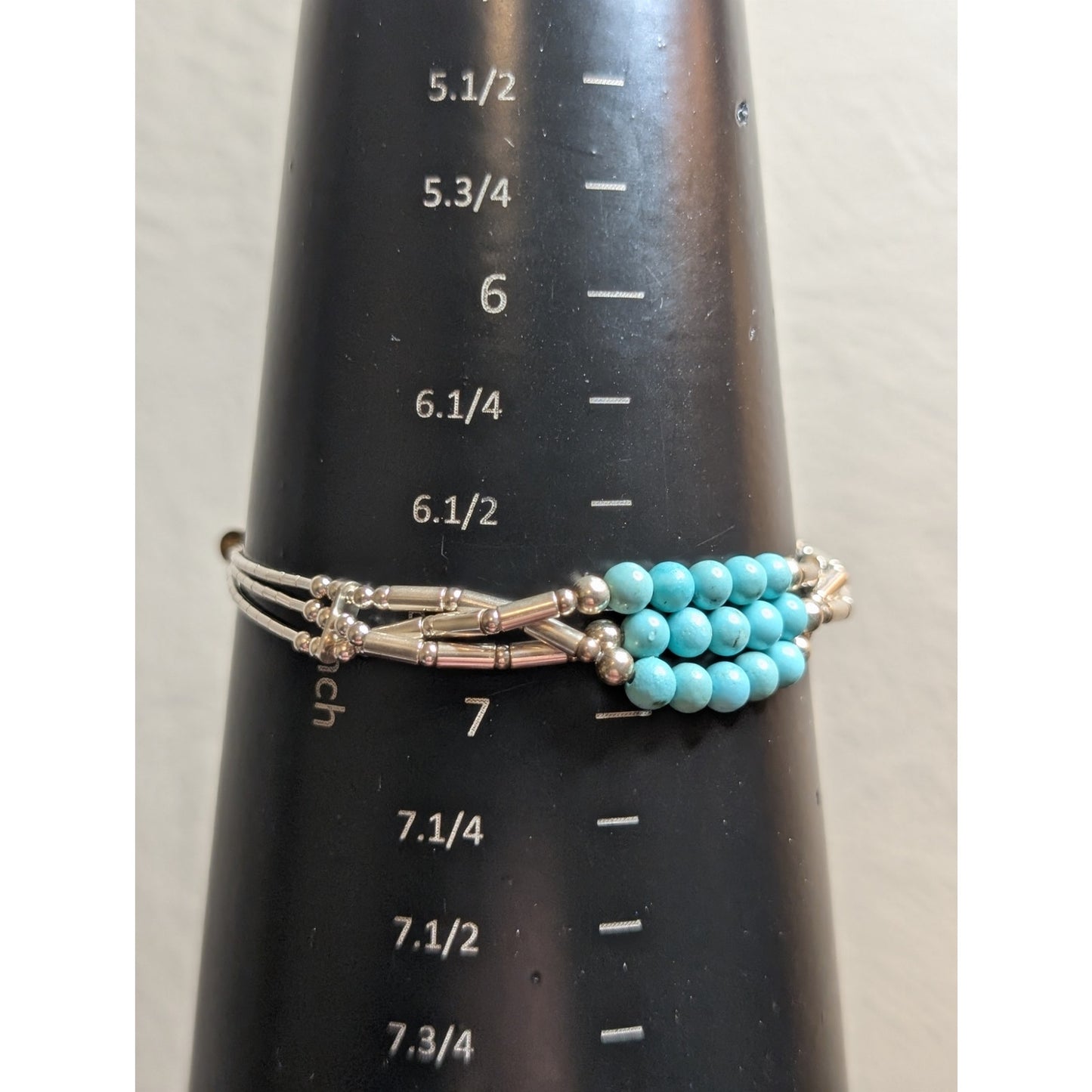 VTG Navajo Signed Turquoise Bead Three Strand Liquid Sterling Silver Bracelet