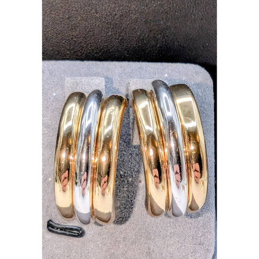 Vintage Bold Chunky Two Tone Half Hoop Clip On Earrings