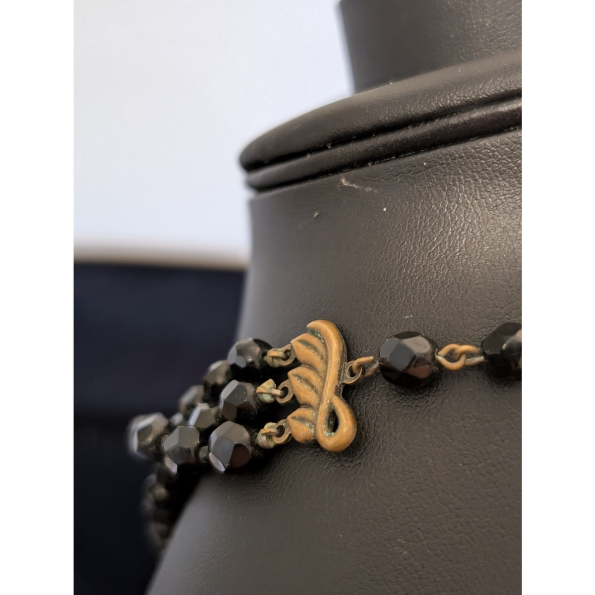 VTG 1950s Jonne by Schrager Three Strand Black Faceted Glass Beaded Necklace
