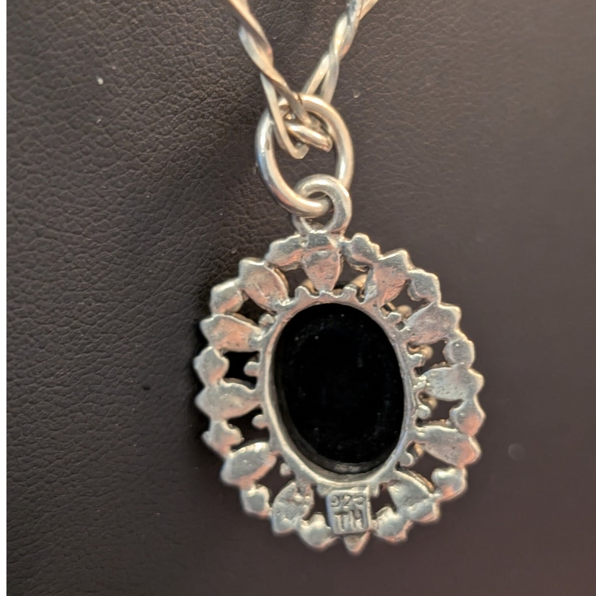 VTG 925 Black Stone Marcasite Flower Pendant on 925 Israel Fancy Chain Necklace