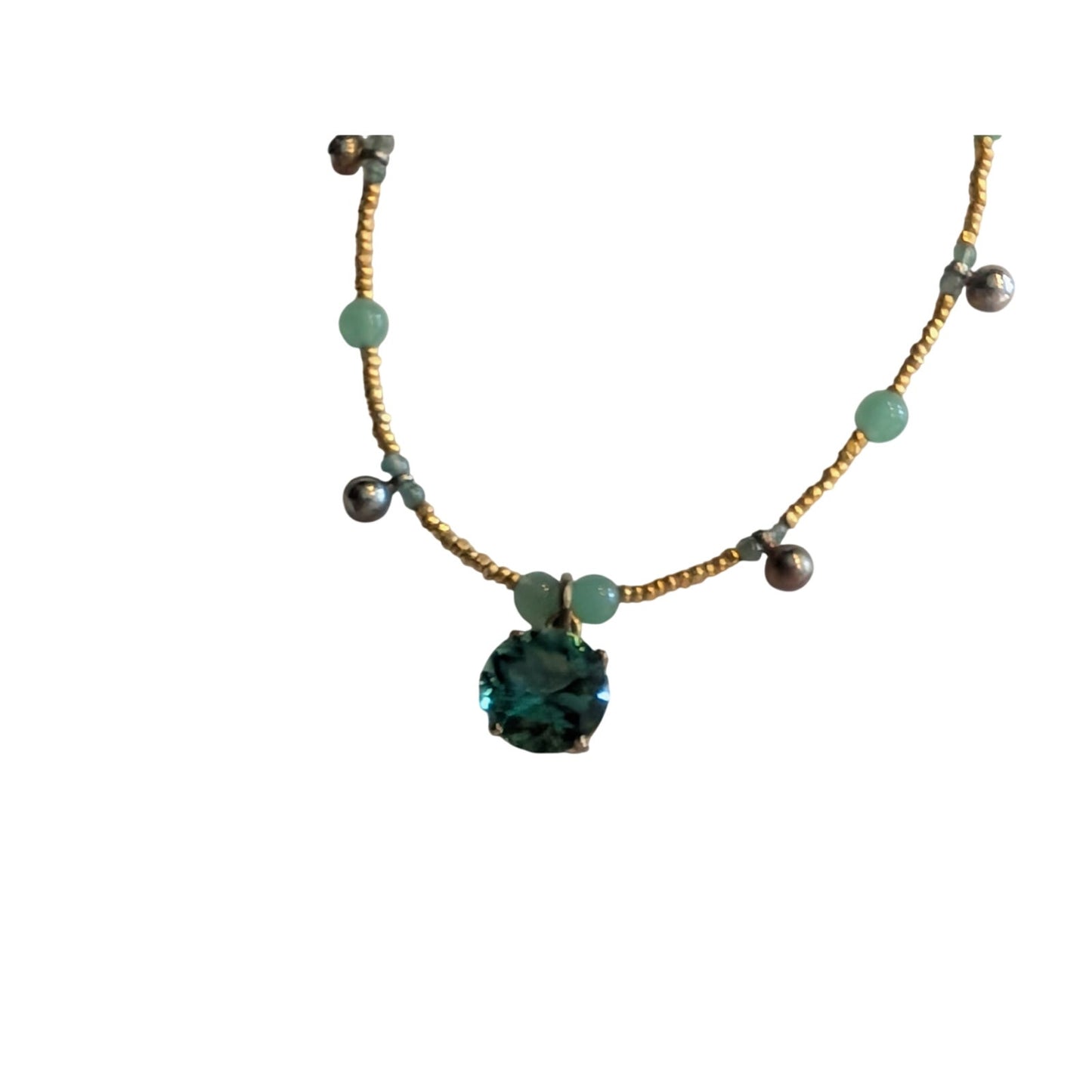 Two Green Gemstone Gold Bead Necklaces