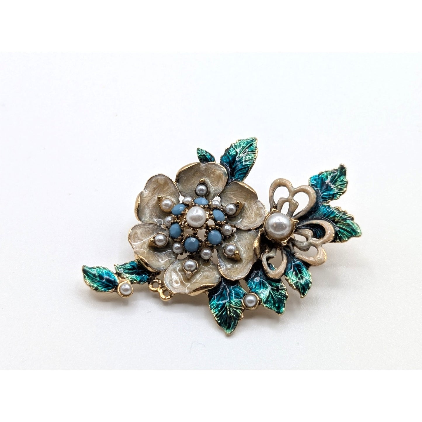 Vintage Monet Faux Pearl Enamel Floral Leaf Gold Tone Brooch