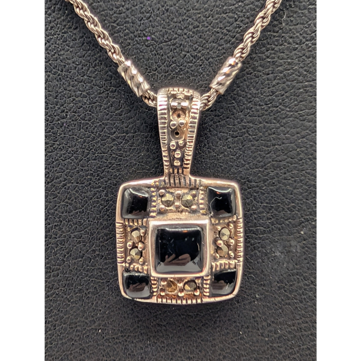 Vtg 925 Sterling Checkerboard Black Onyx Marcasite Pendant Bar Chain Necklace