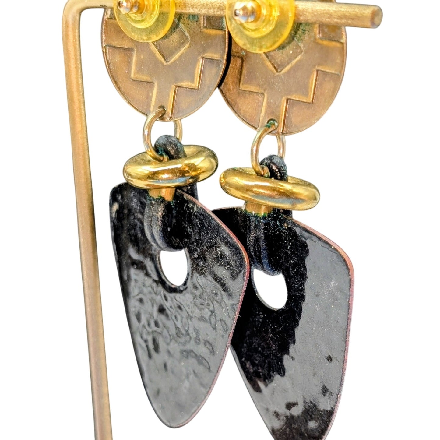 VTG Aztec Southwestern Enamel Bronze & Gold Tone Metal Dangle Pierced Earrings