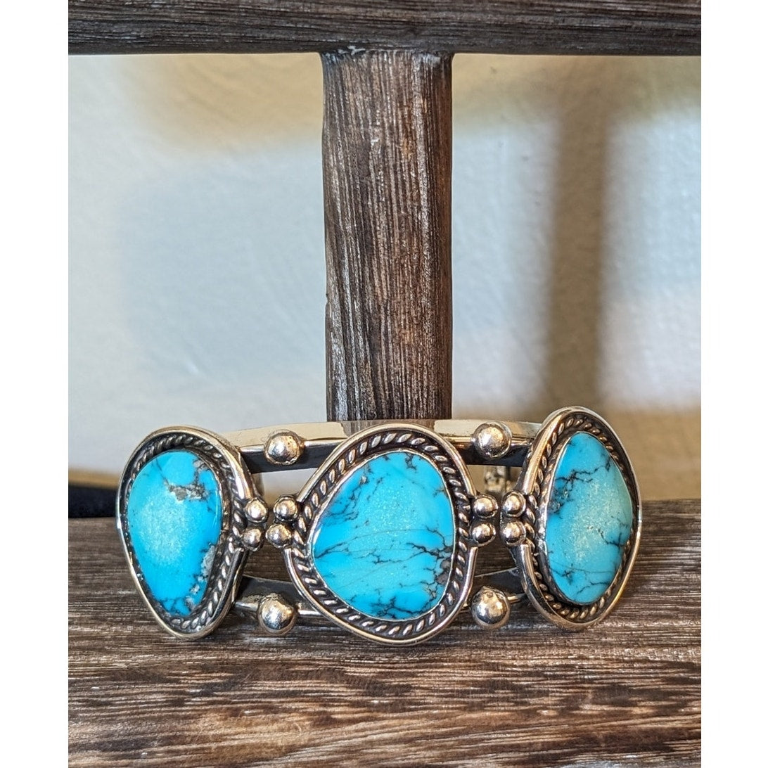 Three Turquoise Stone & Sterling Silver Chunky Cuff Bracelet