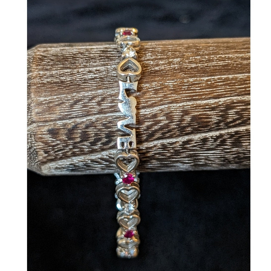 925 Sterling Silver Man Made Ruby CZ Open Heart Link 'LOVE' Tennis Bracelet