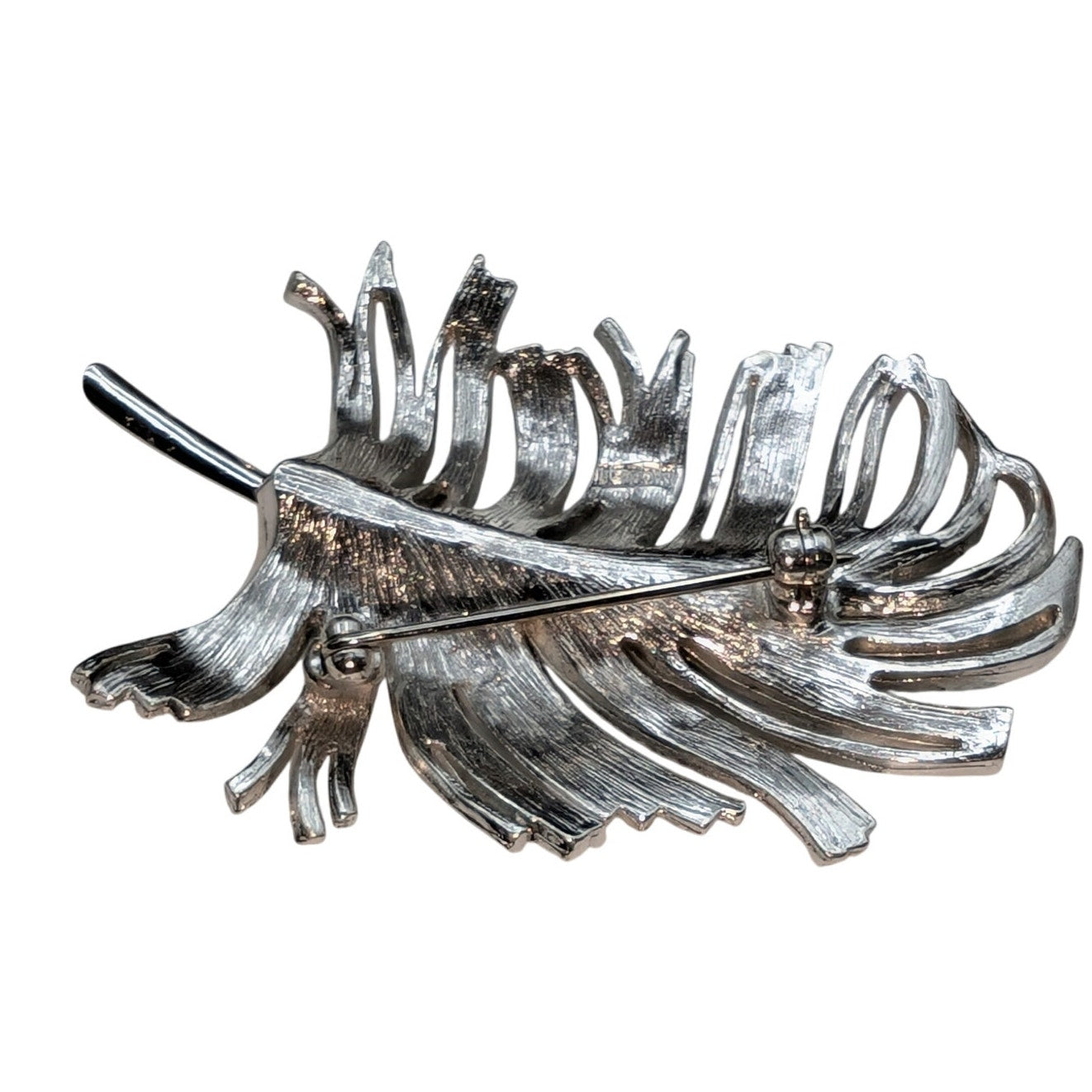Vintage Monet Silver Tone Textured Rhinestone Feather Brooch Pin
