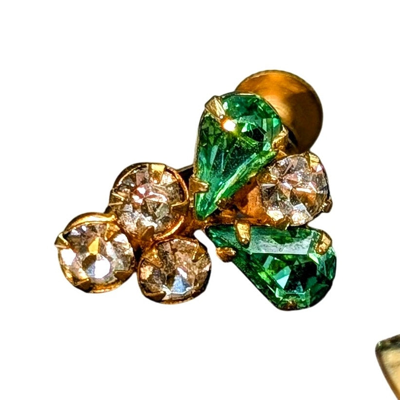 Vintage Green & Clear Rhinestone Gold Tone Brooch & Screw On Earrings