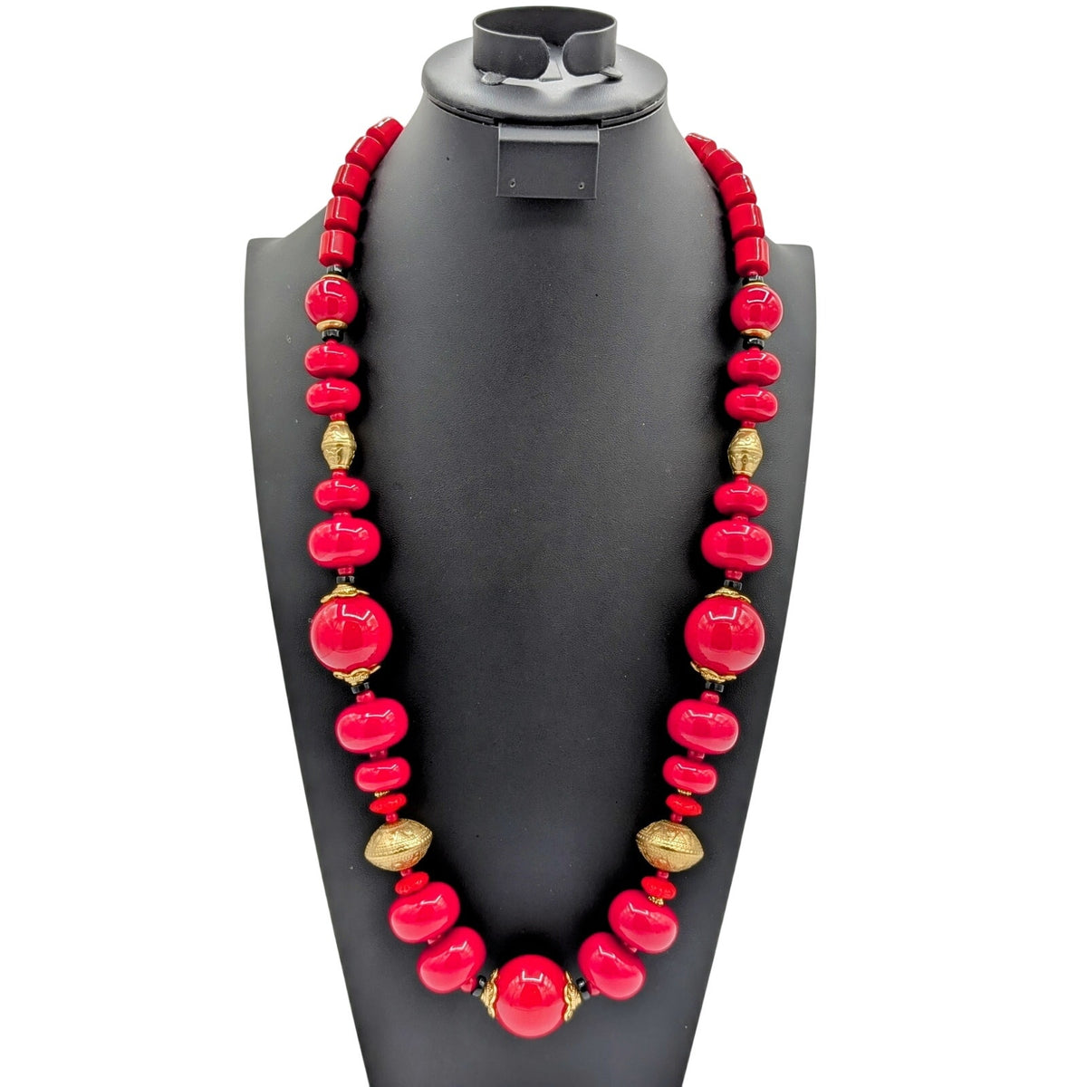 Chico's Chunky Heavy Red, Gold & Black Beaded 34"-40" Statement Necklace