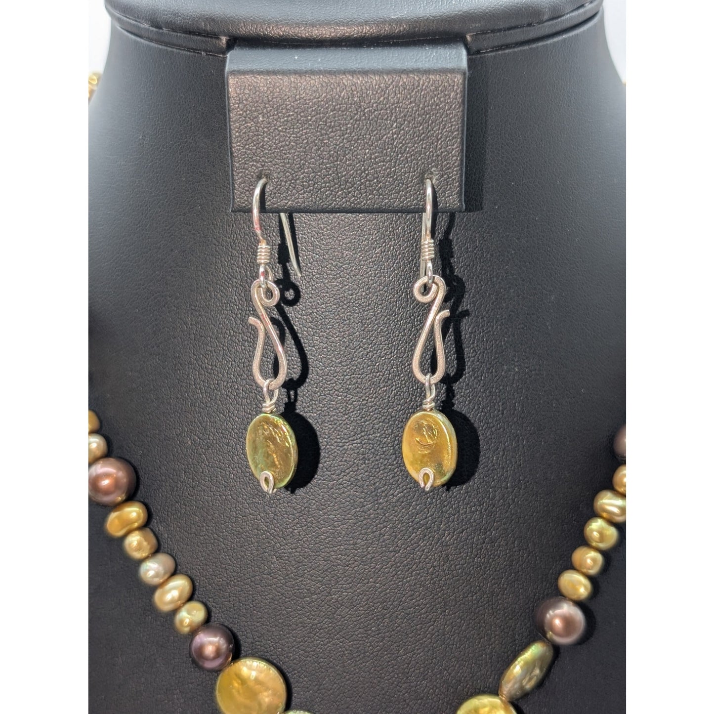 Genuine Green Coin Pearl Antiqued Filigree Square Pendant Necklace & Earring Set