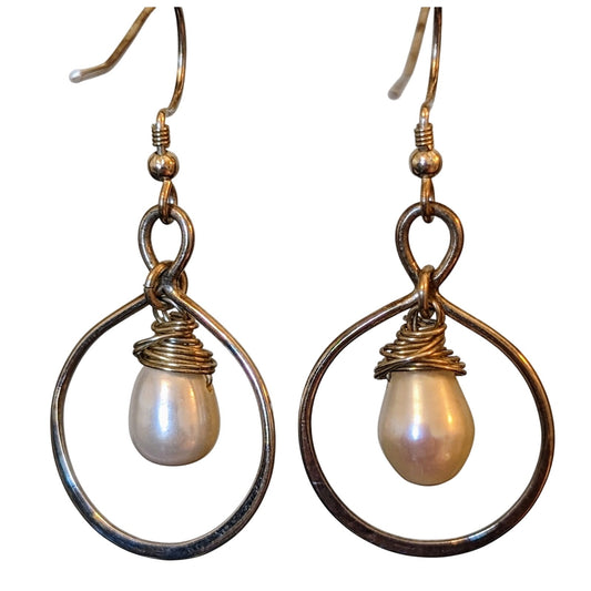 Marked Sterling Wire Wrapped Pearl Drop Dangle Earrings on French Wire