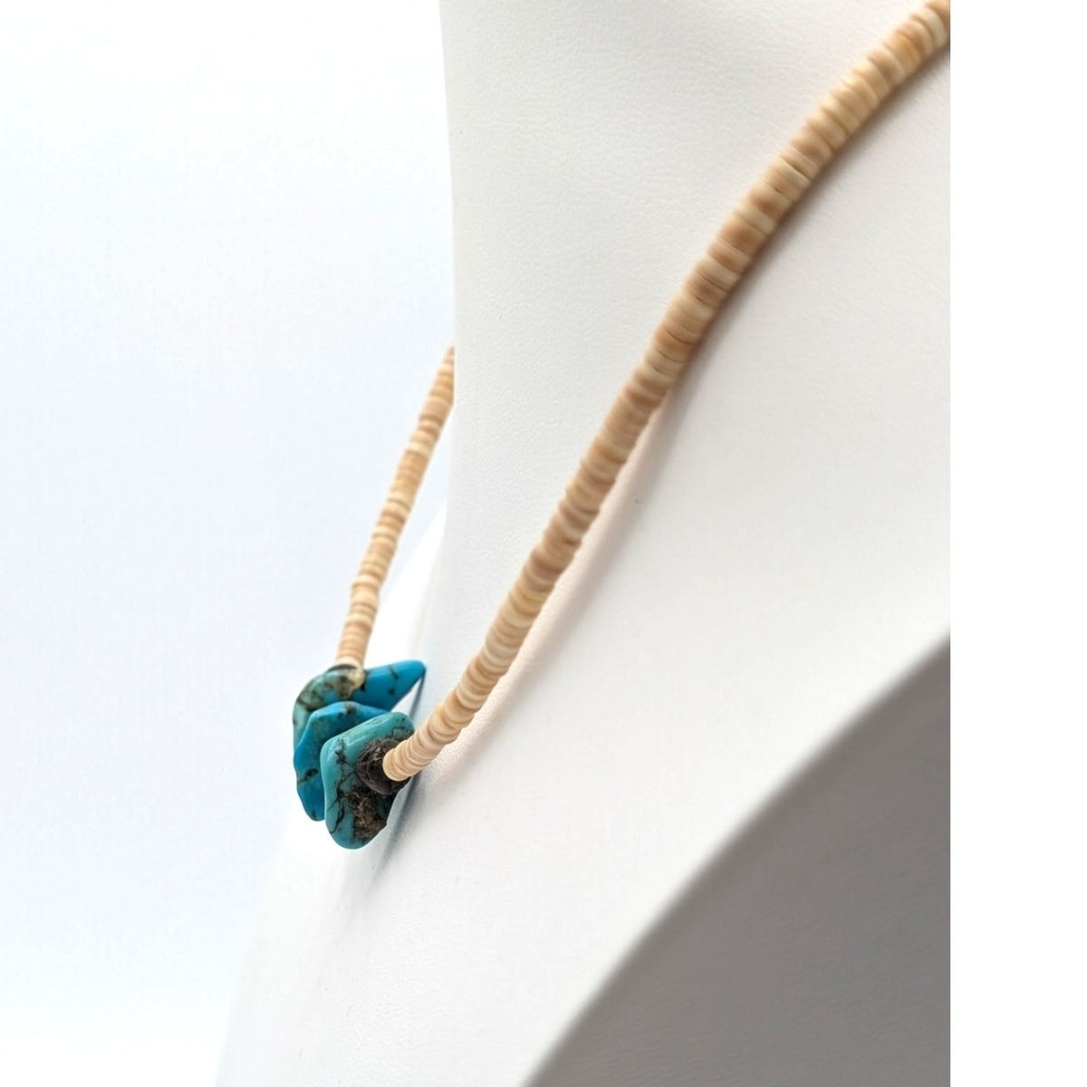 Vintage Heishi Shell Three Turquoise Stone Southwestern Hook Clasp 16" Necklace