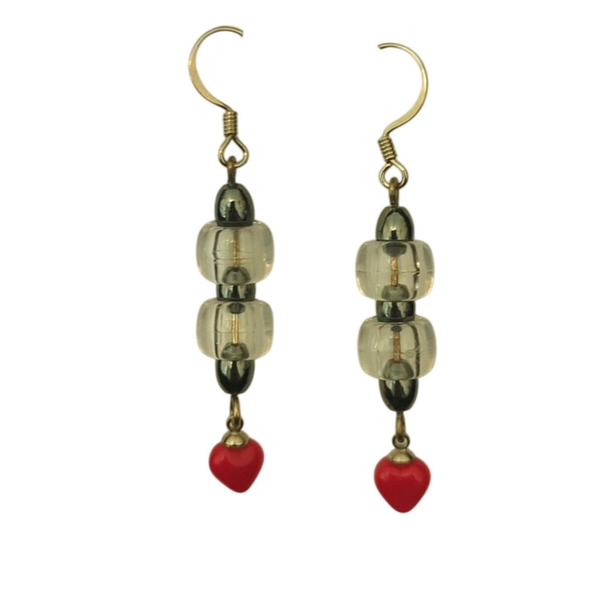 Handmade Hematite & Glass Bead Heart Dangle French Wire Earrings