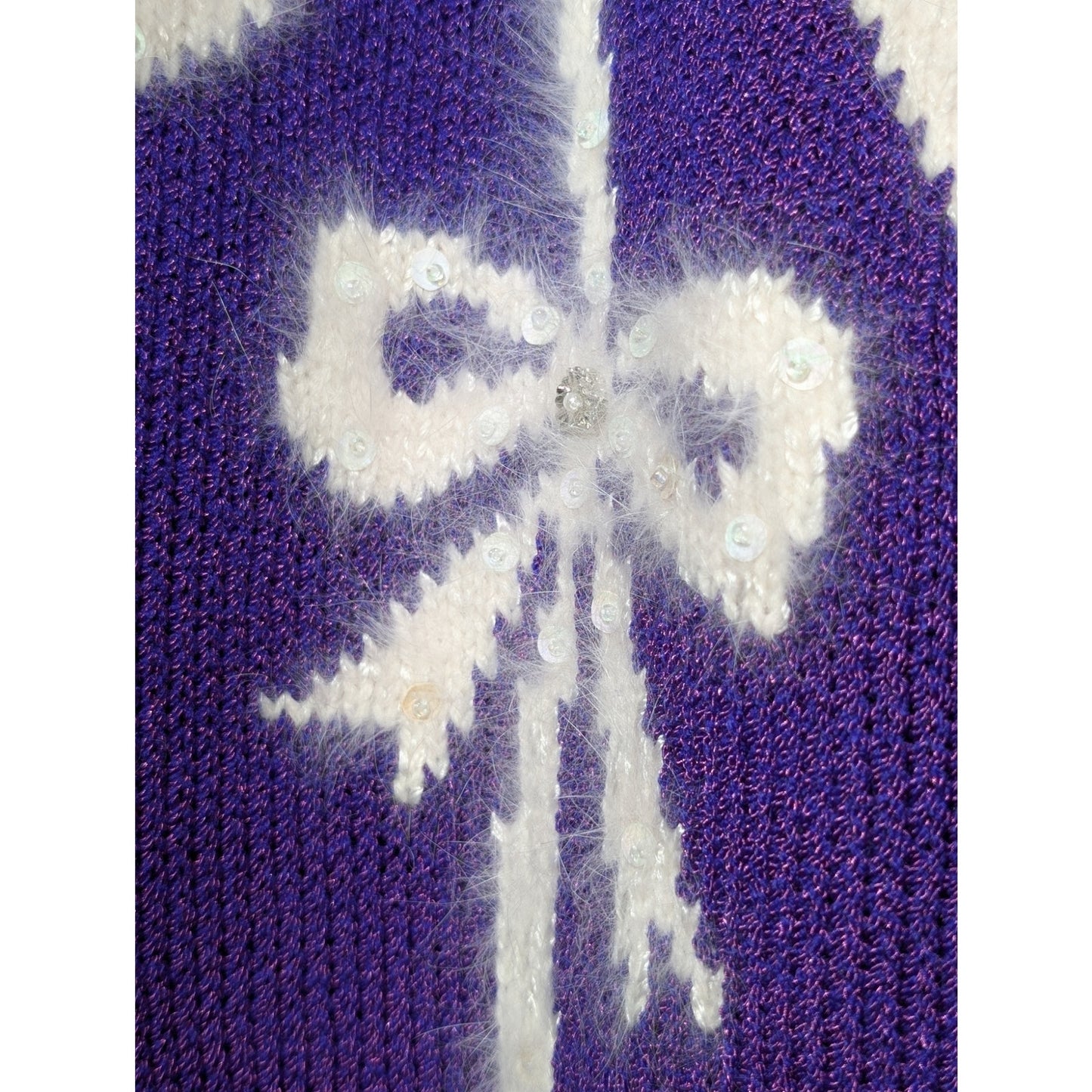 Vintage 80s Christine Purple Angora Bows Faux Pearls Sequin Sweater Women's M