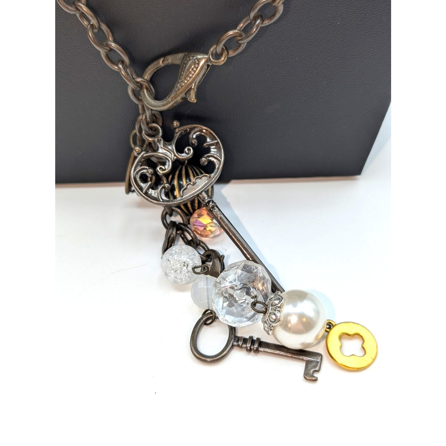 Lot of Two Plunder Necklaces Bronze Metal Blue Rhinestone Charm Tassel Chain