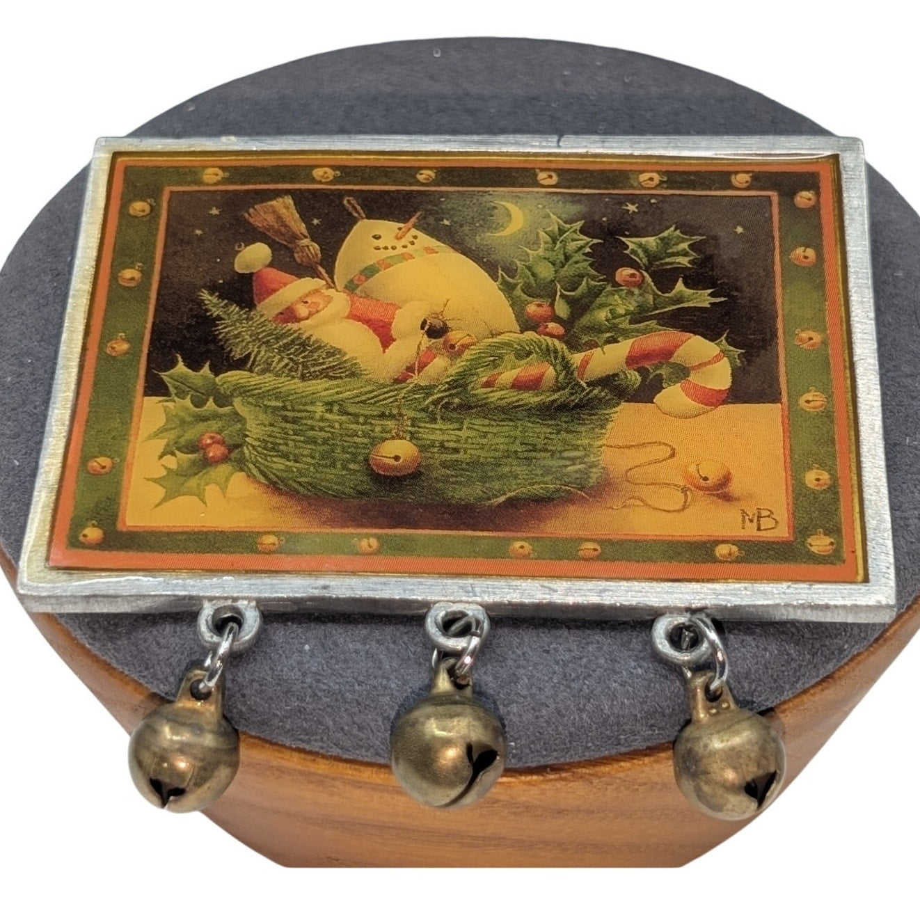 Marjolein Bastin Vintage Pewter Santa in Basket W/ Jingle Bells Brooch
