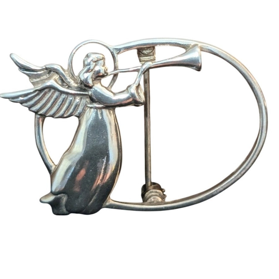 Vintage Jezlaine 925 Sterling Silver Flying Angel Blowing Trumpet Pin