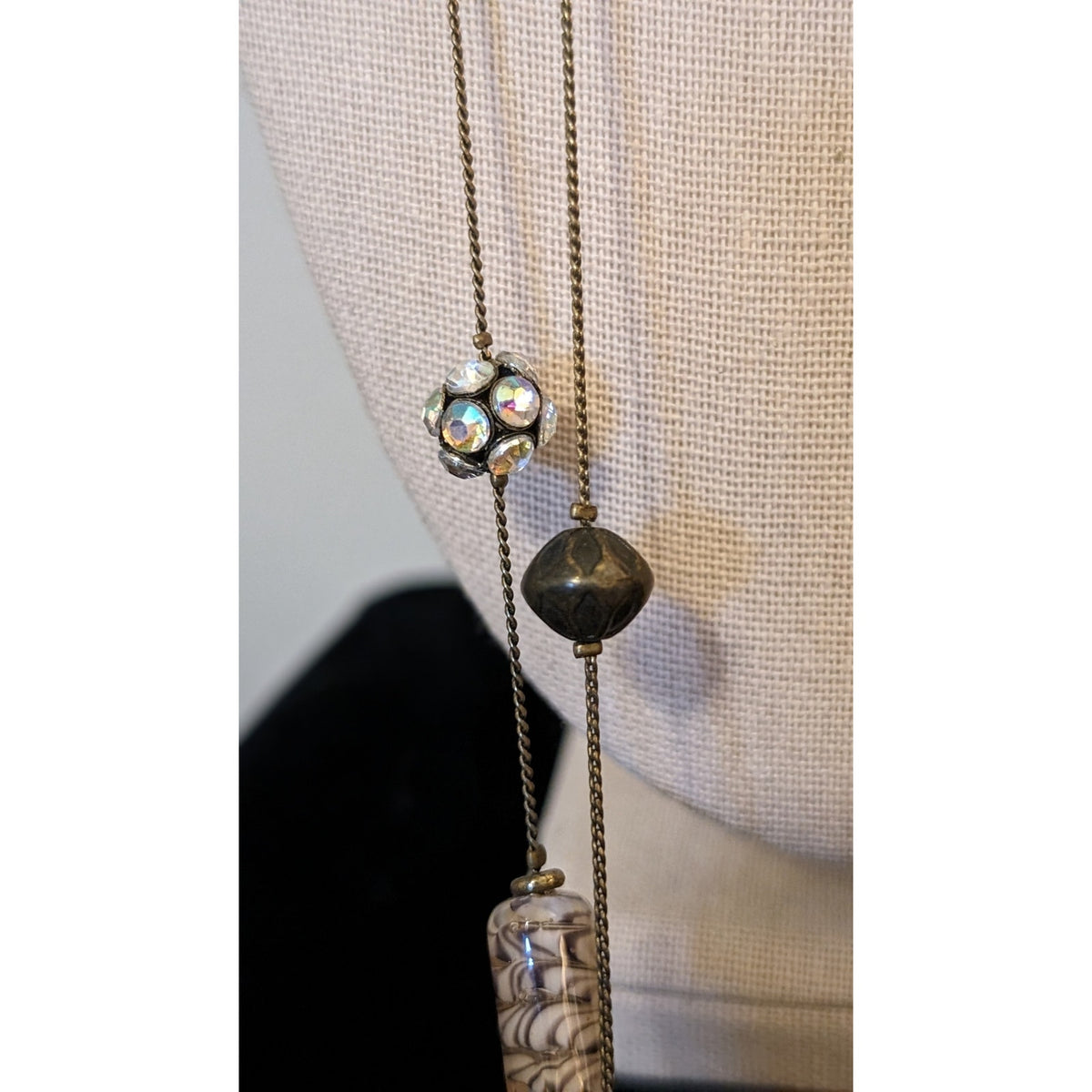 Antique Bronze Chain W/ Shell Glass CZ Ball Crystal Teardrop Beaded 36" Necklace