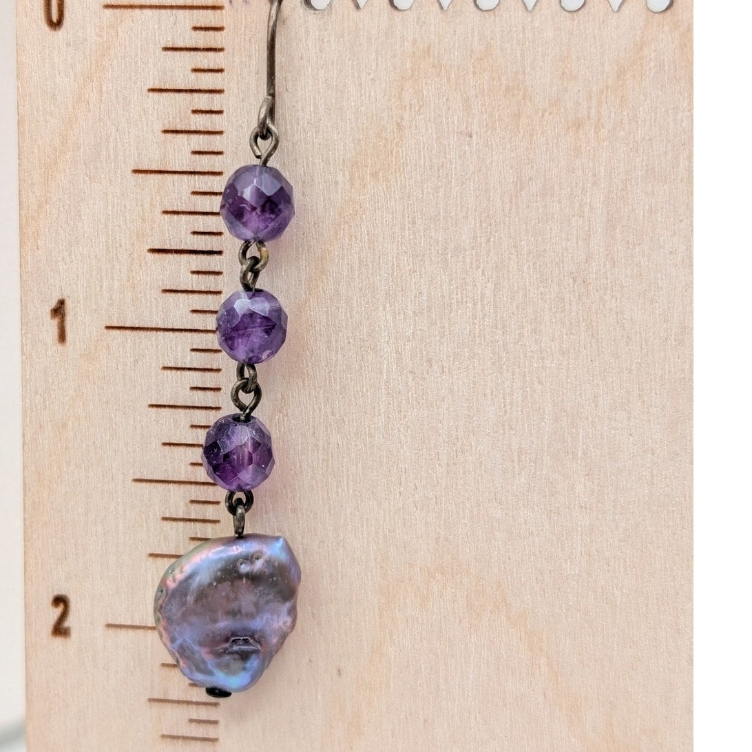 Vtg Faceted Amethyst Bead & Multi-Color Freshwater Coin Pearl Dangle Earrings