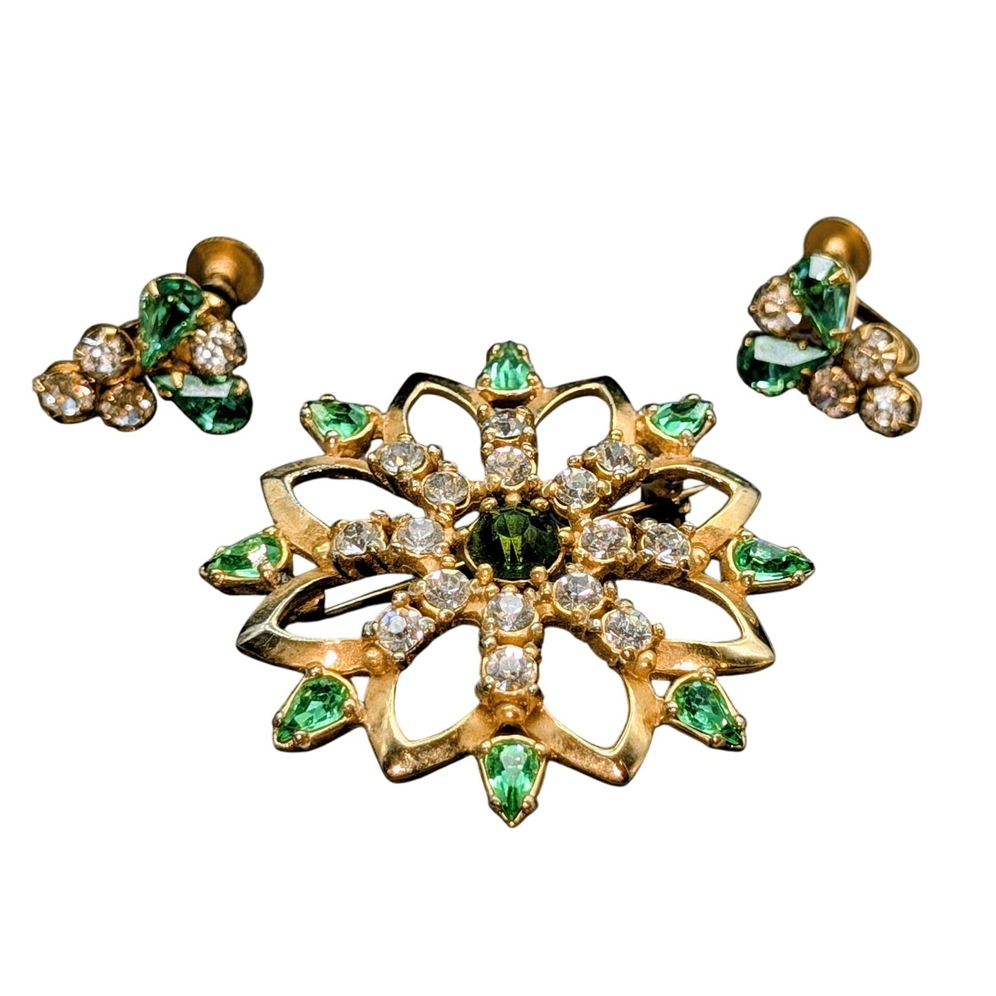 Vintage Green & Clear Rhinestone Gold Tone Brooch & Screw On Earrings