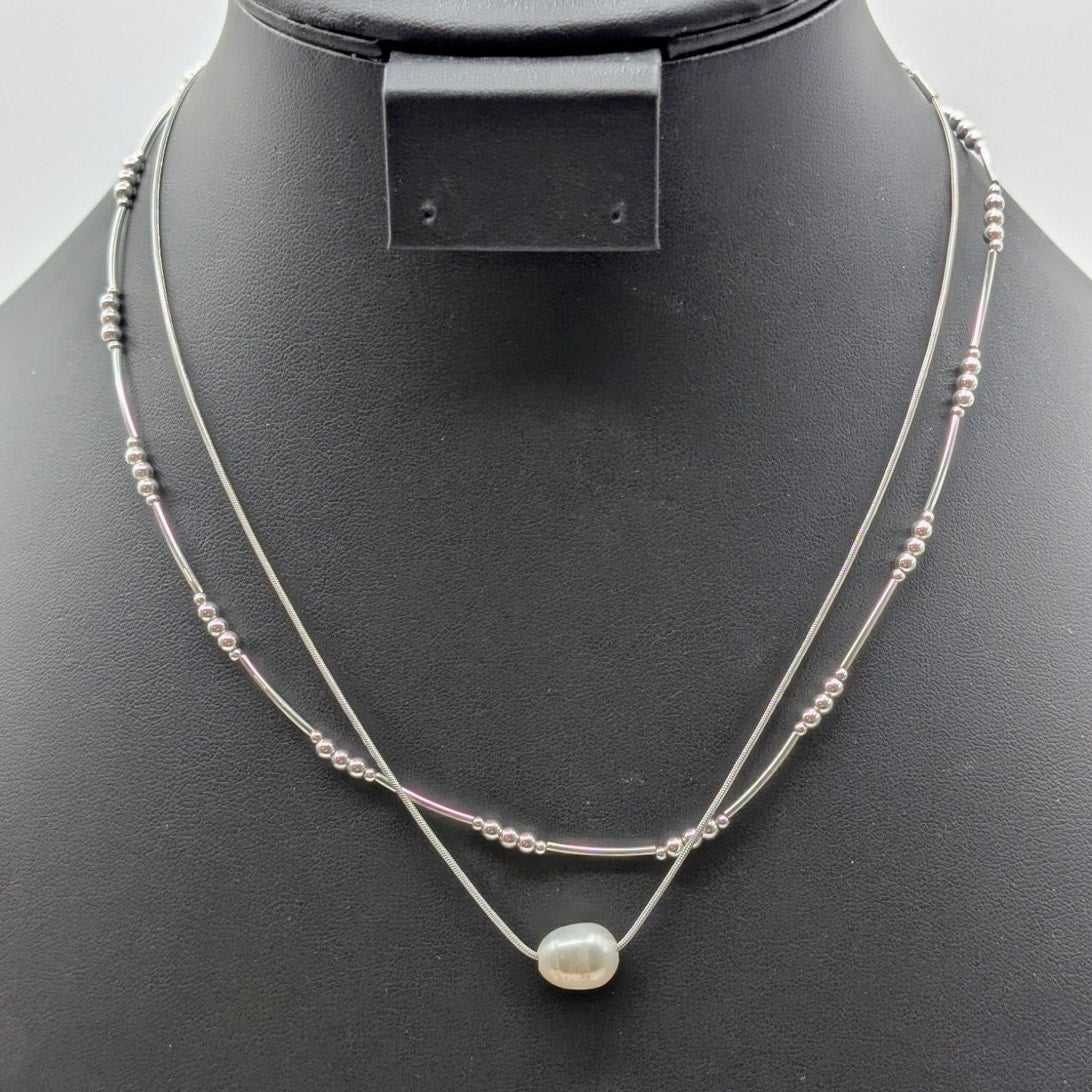 Lot of Two Silver Tone Necklaces -- Napier Bead Curved Bar & Pearl Bead Chain