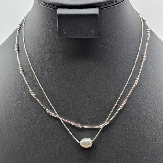 Lot of Two Silver Tone Necklaces -- Napier Bead Curved Bar & Pearl Bead Chain