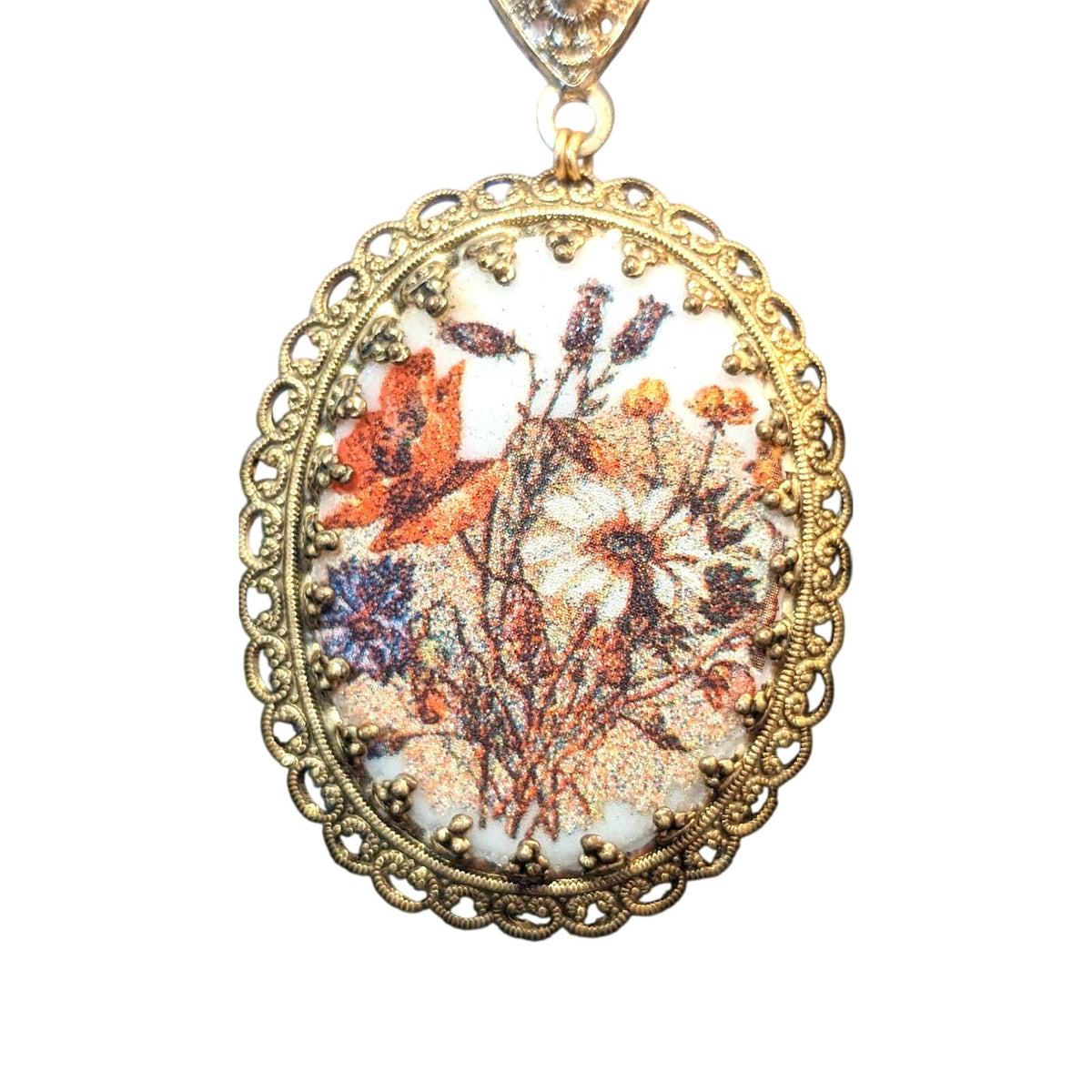 West Germany Vintage 60s Floral Print Sugar Glass Pendant Filigree 25" Necklace