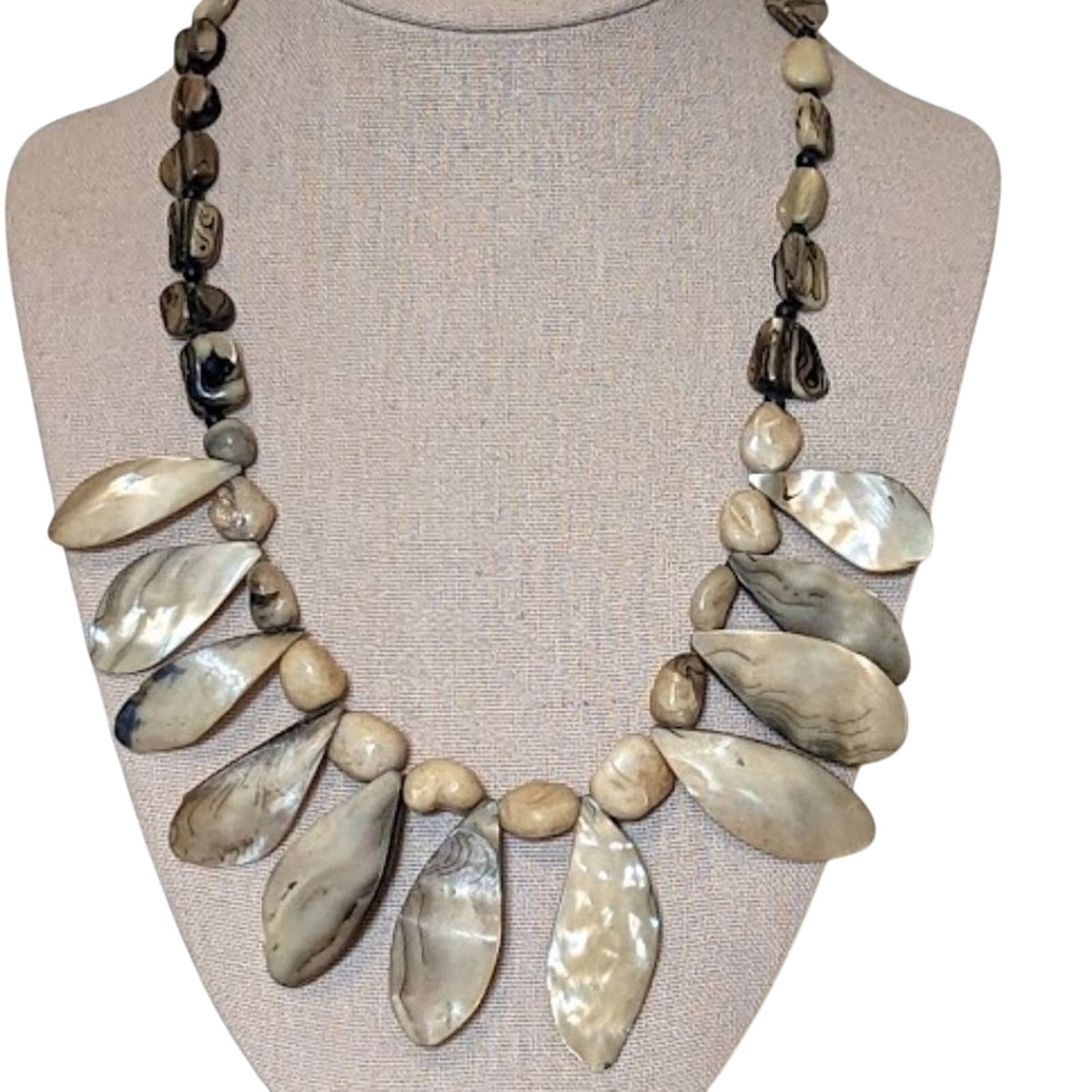 Vintage Mother of Pearl Leaves/Petal Beaded Necklace with Ornate Clasp