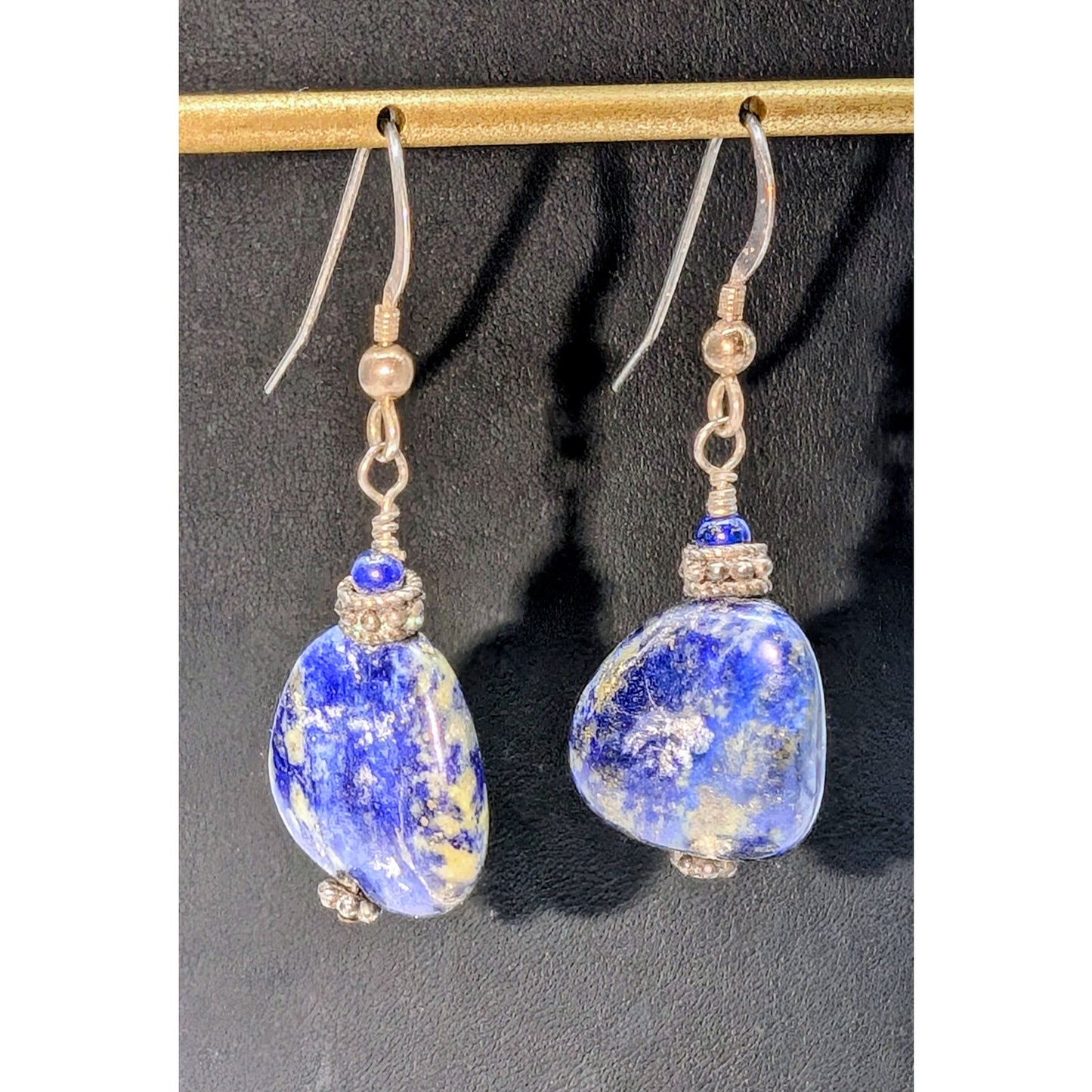 Vintage Denim Lapis Lazuli Stone 925 Sterling Silver Dangle Earrings