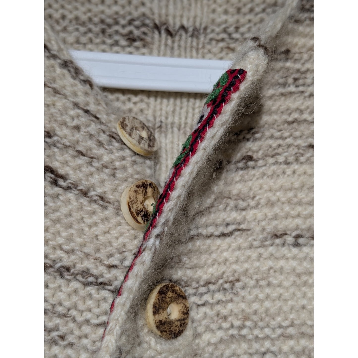 Vintage Hand Knit Cream Marled Swiss Ribbon Accents Button Cardigan Sz S/M