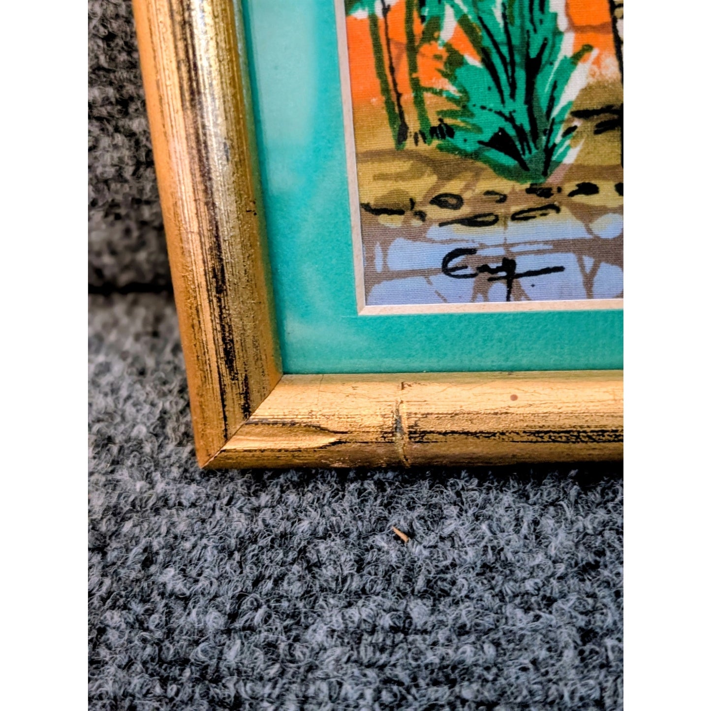 Vintage Signed Malaysian Village Batik Gilt Wood Framed Small Art Under Glass