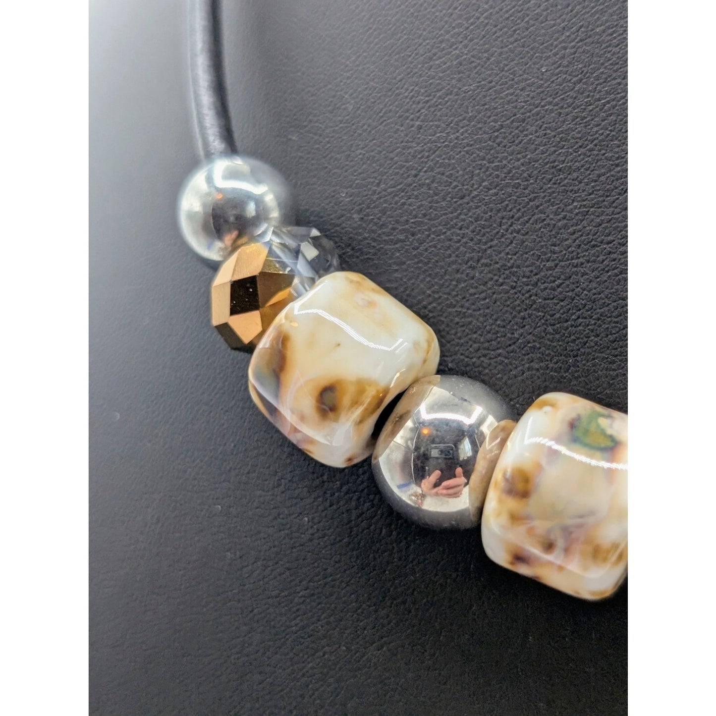 Modern Tribal Leather Cord Glass Metal Crystal Rhinestone Ball Bead Necklace