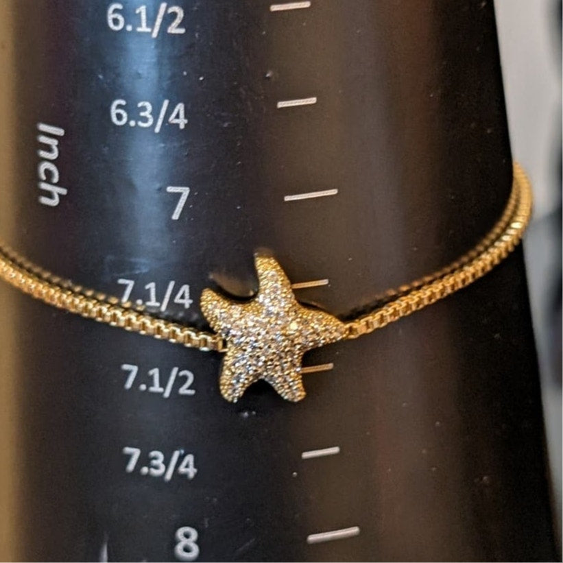 Gold Tone Rhodium Plated Box Chain Sparkle Starfish Adjustable Bracelet
