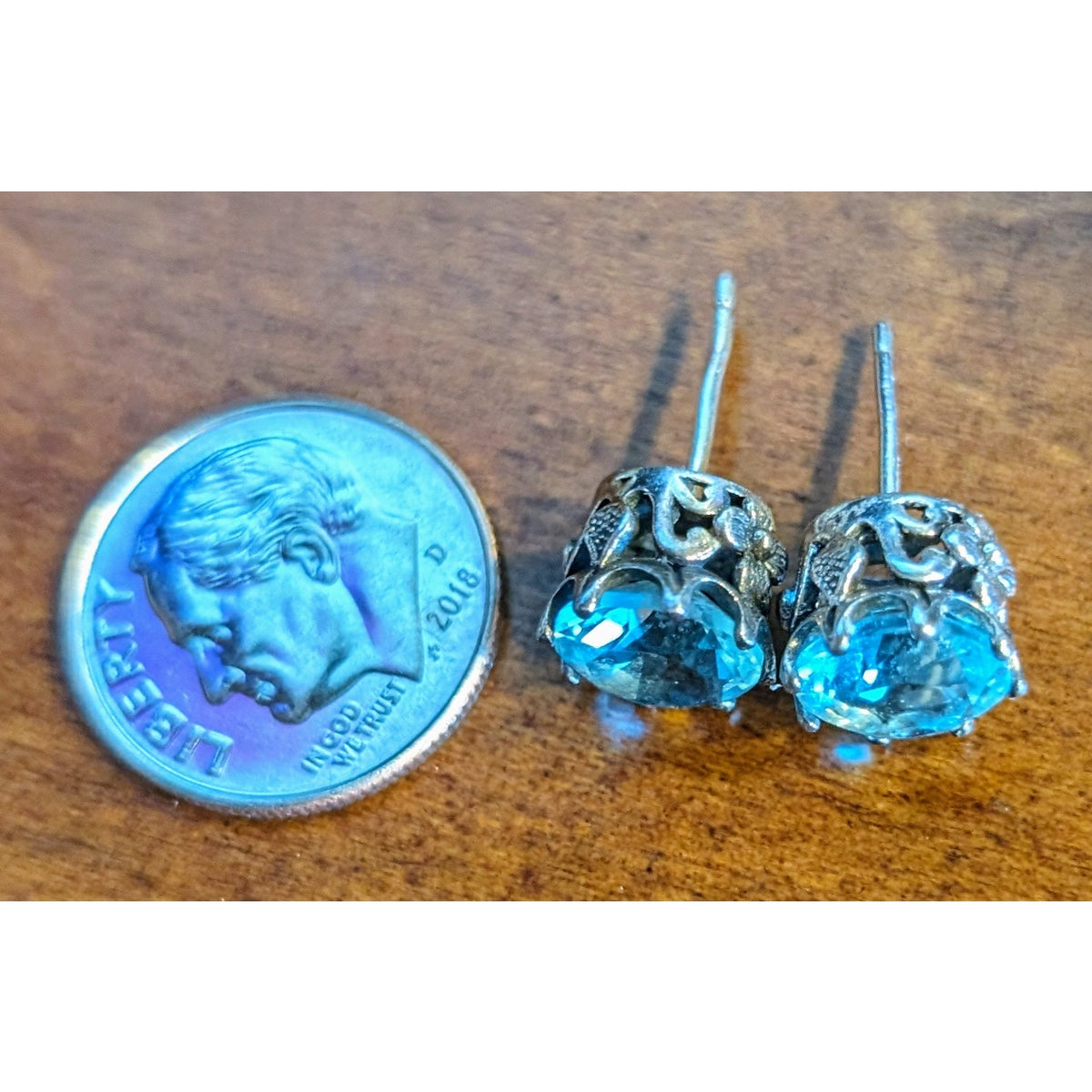 Blue Crystal Fancy Floral Basket Silver Tone Stud Earrings