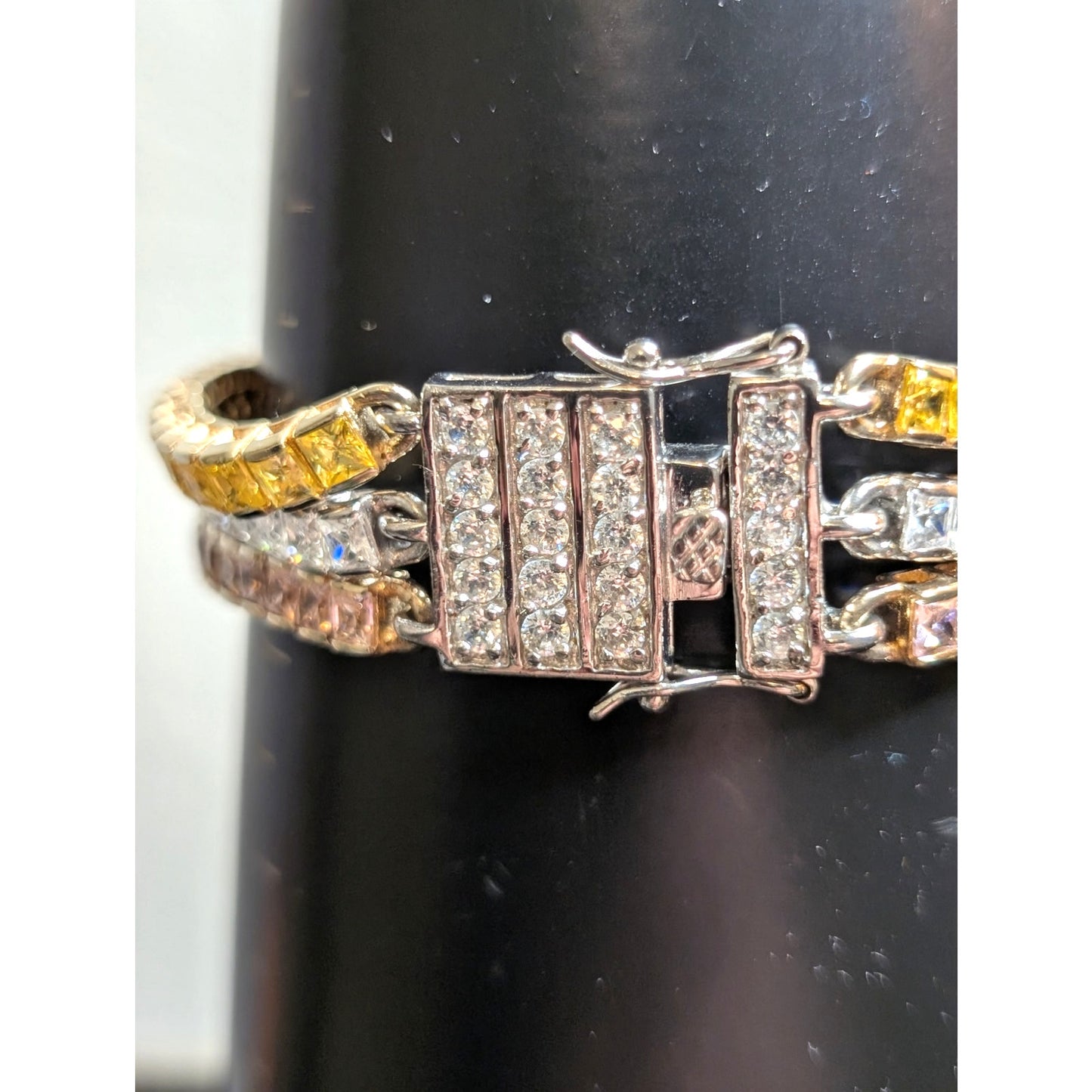PJM 925 Sterling Pink Yellow Clear Princess Cut Three Strand Tennis Bracelet
