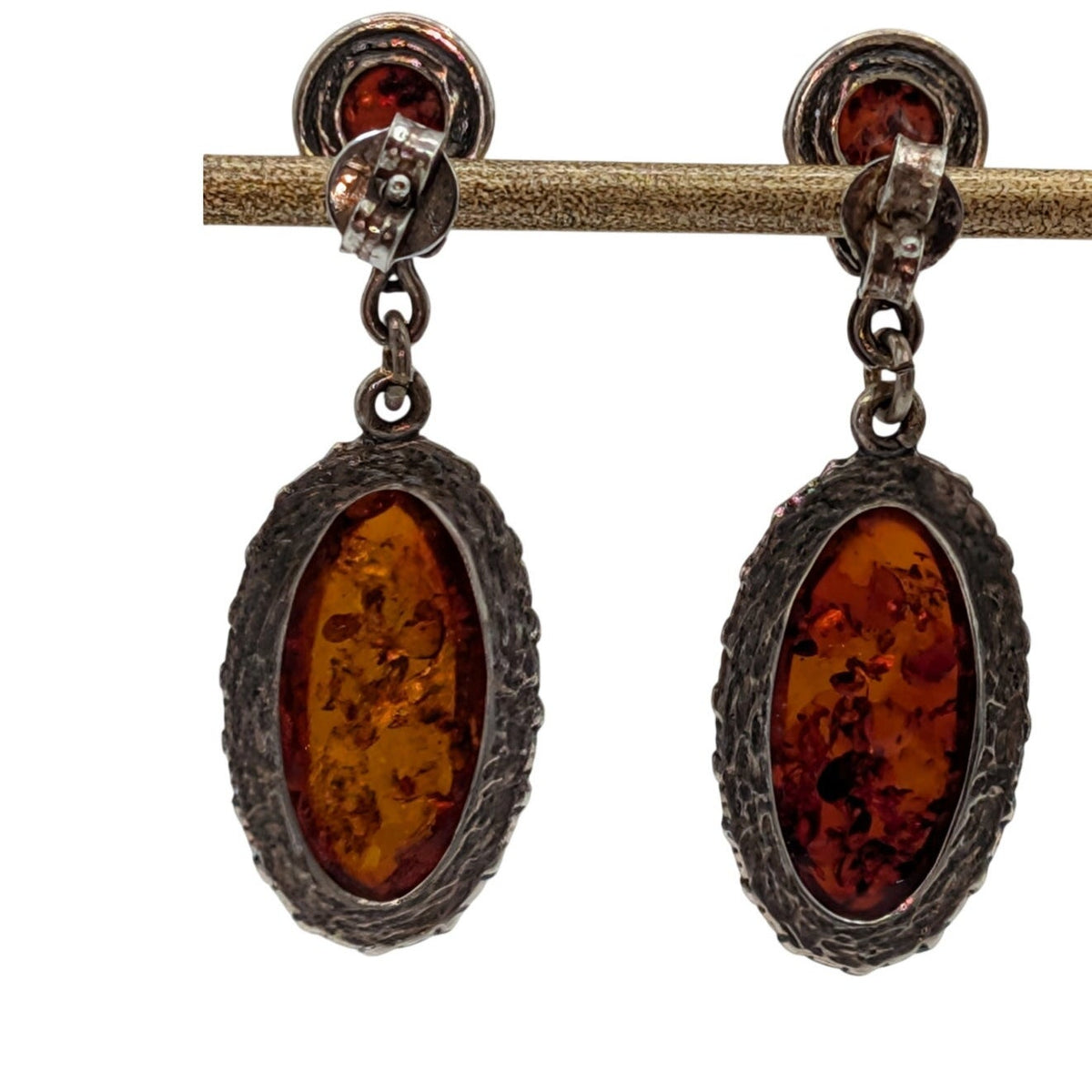 Vintage 925 Sterling Silver Baltic Amber Oval Drop Dangle Earrings