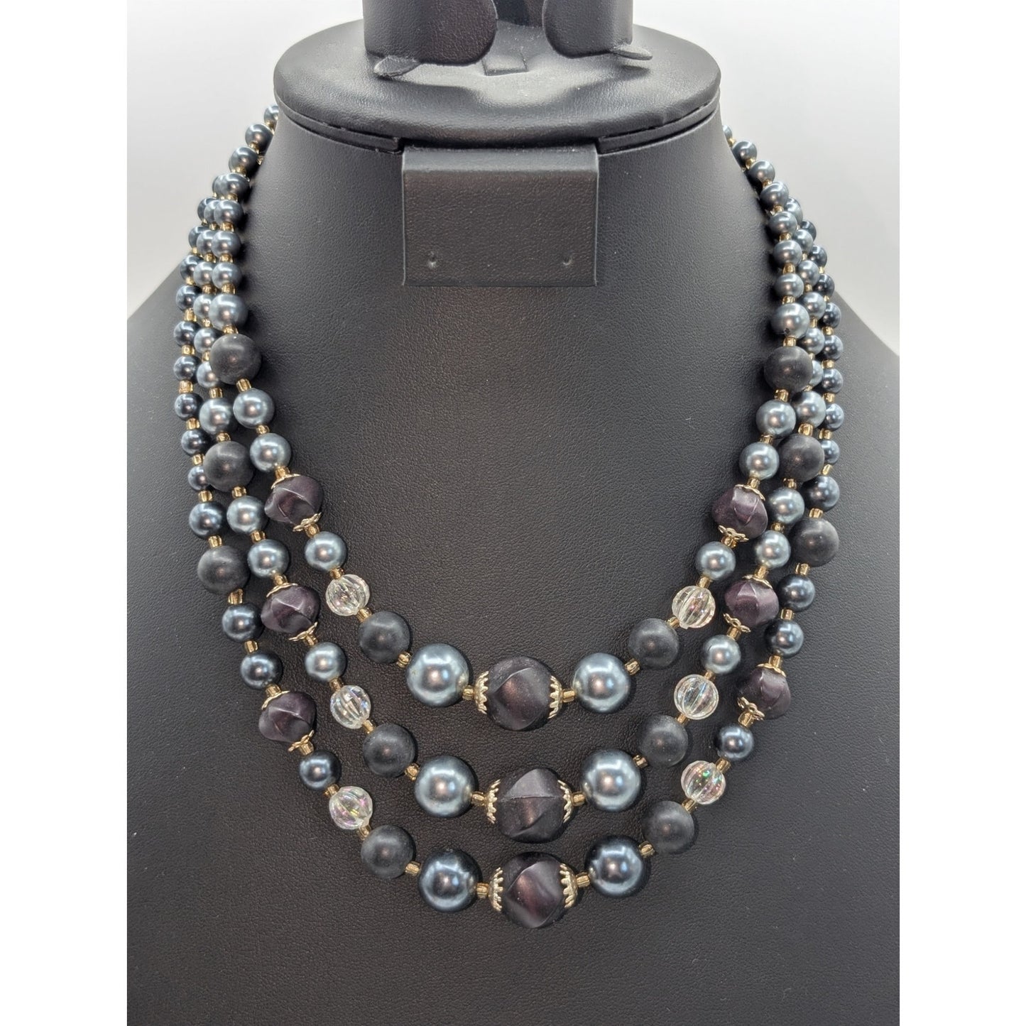 Vintage Triple Strand Gray W/ Purple Tint Austrian AB Crystal Bead Necklace