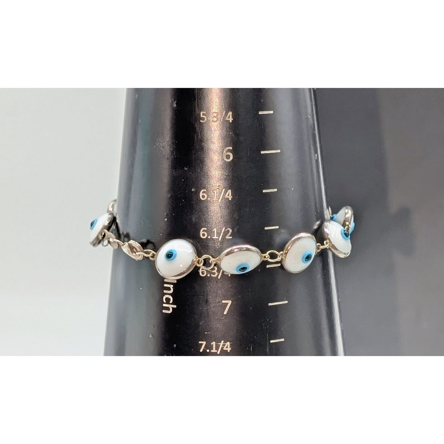 Vintage 925 Sterling Silver Bezel Set White Glass Eye Bead Chain Bracelet